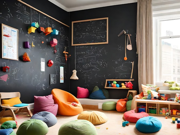 Kids’ playroom with many floor cushions in front of a large, black chalkboard wall featuring children’s artwork.