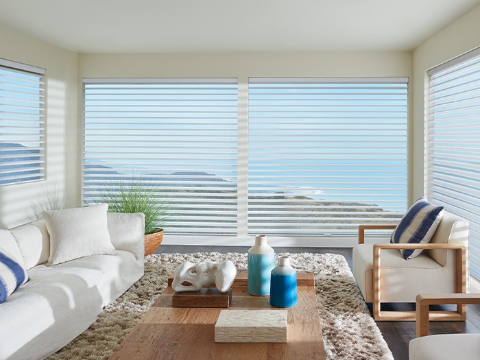 Living room with large windows featuring Silhouette® Window Shadings